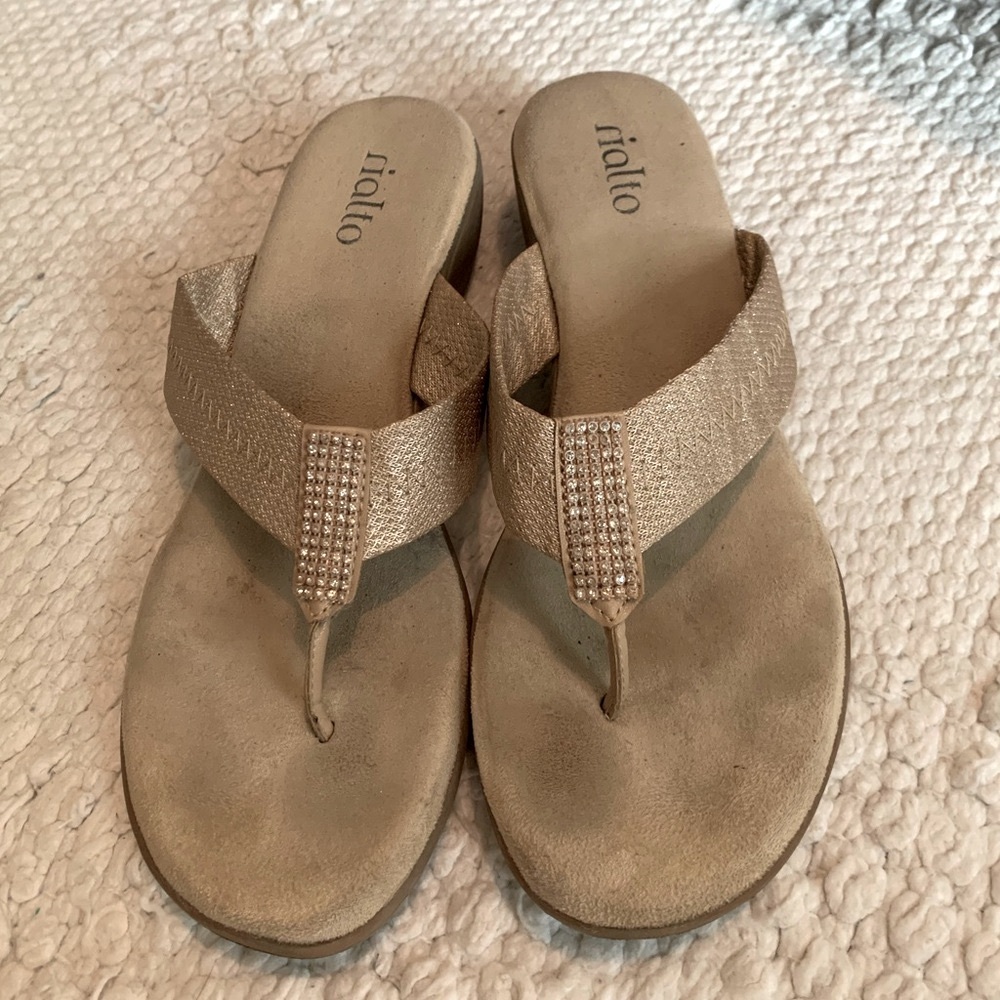 Gold Rialto wedge sandals. Silver embellished.